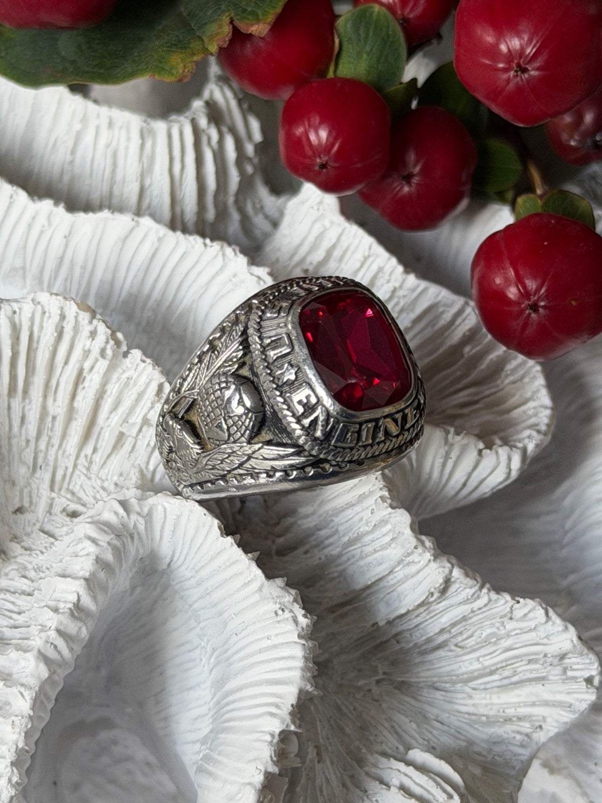 Jostens Yltm U.S Army Engineer 925 Sterling Silver Ruby Ring Size 8.5