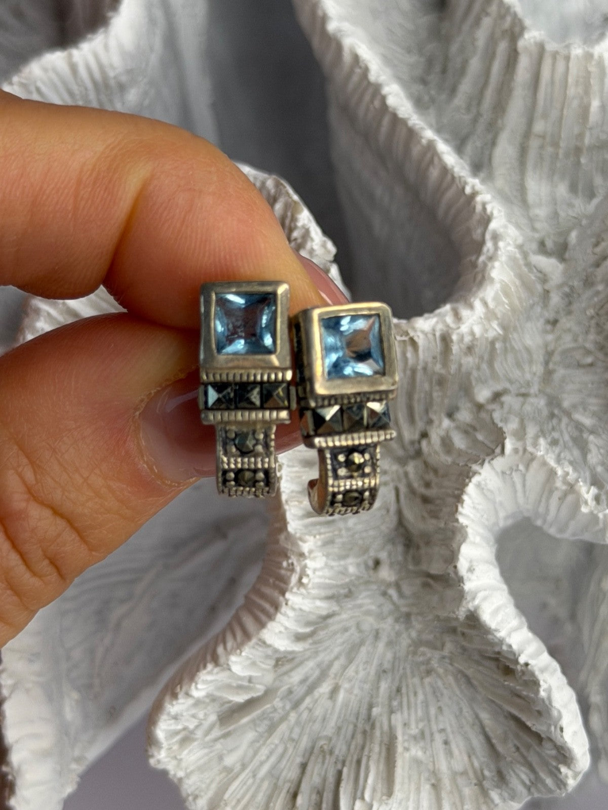 Vintage 925 Sterling Silver Blue Topaz & Marcasite Earrings