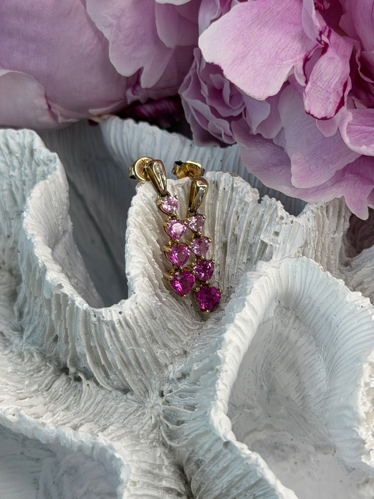 10K Yellow Gold Pink Sapphire & Diamond "Hearts" Earrings