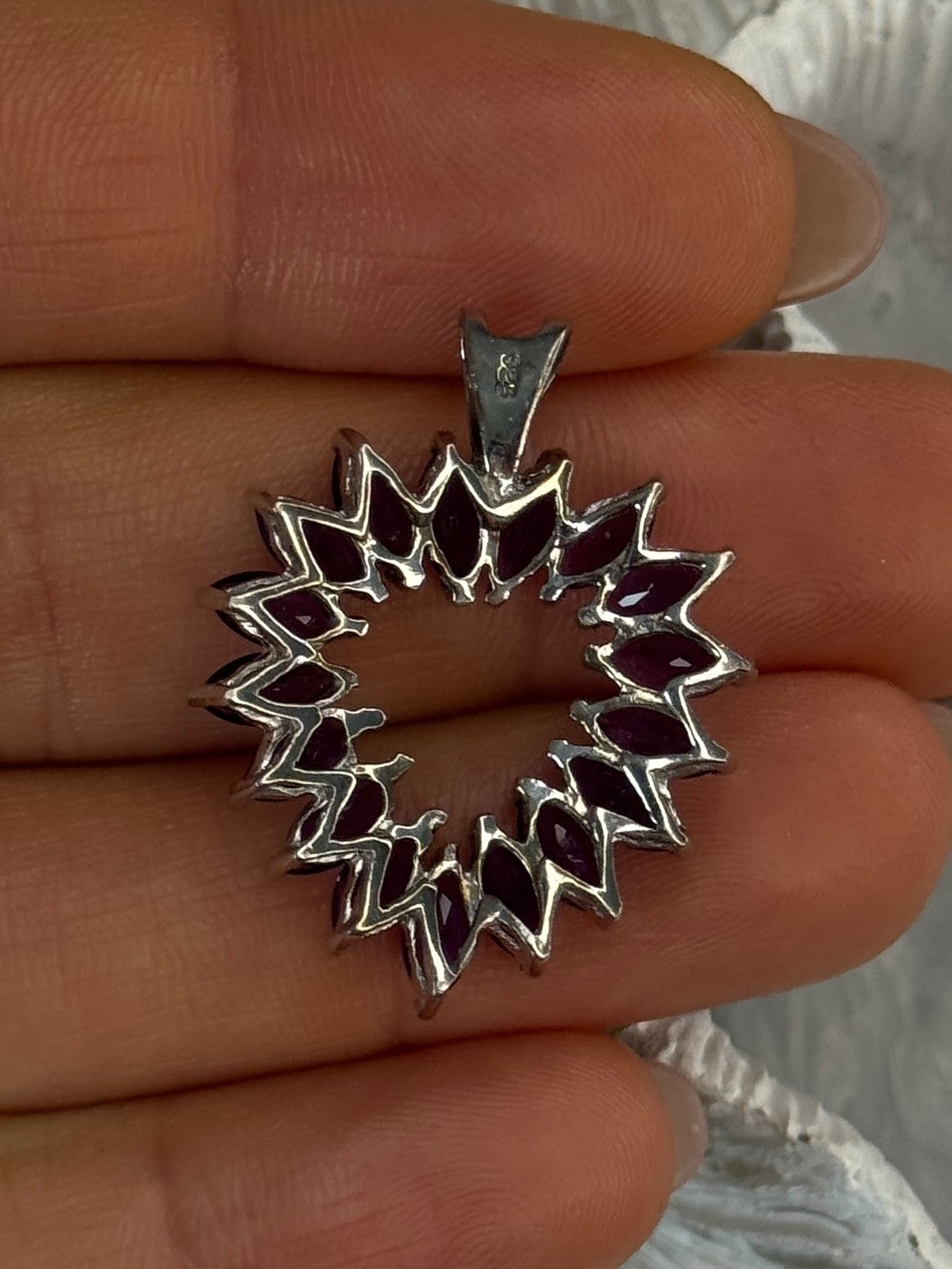 925 Sterling Silver Amethyst Heart Pendant Length 1.15 Inch
