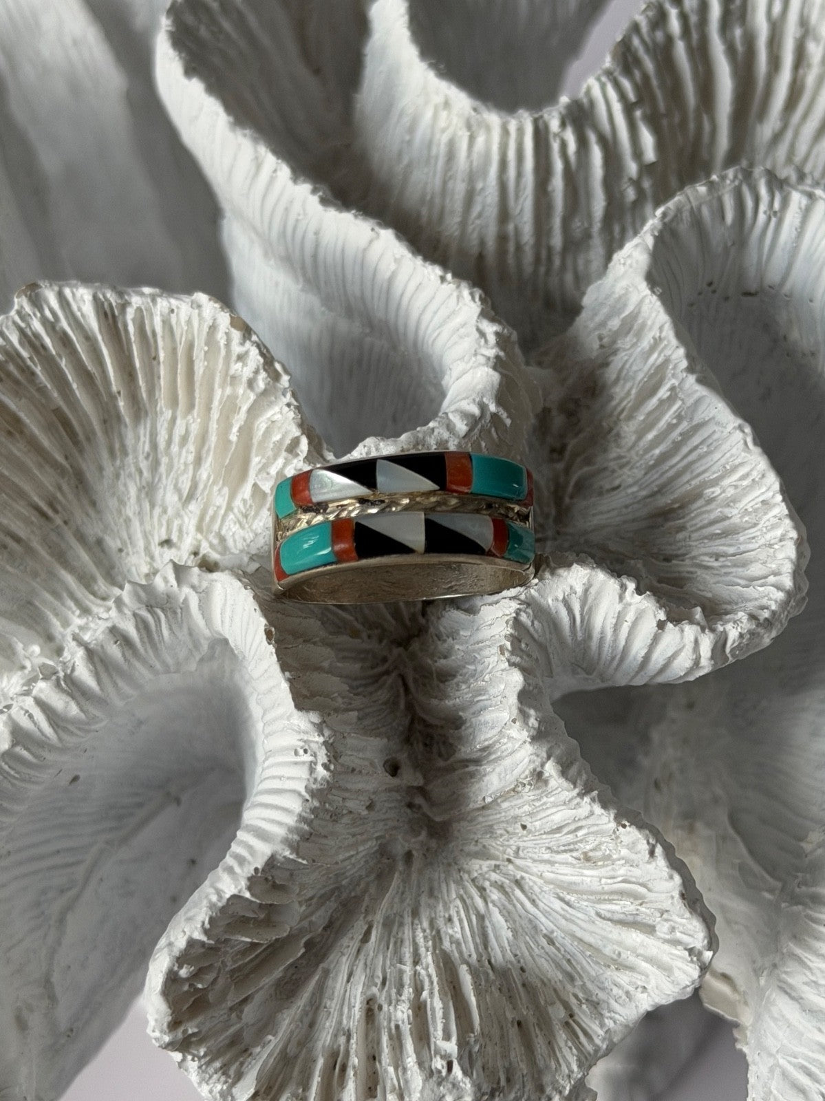 Zuni 925 Sterling Silver Multi-Stone Ring Size 8