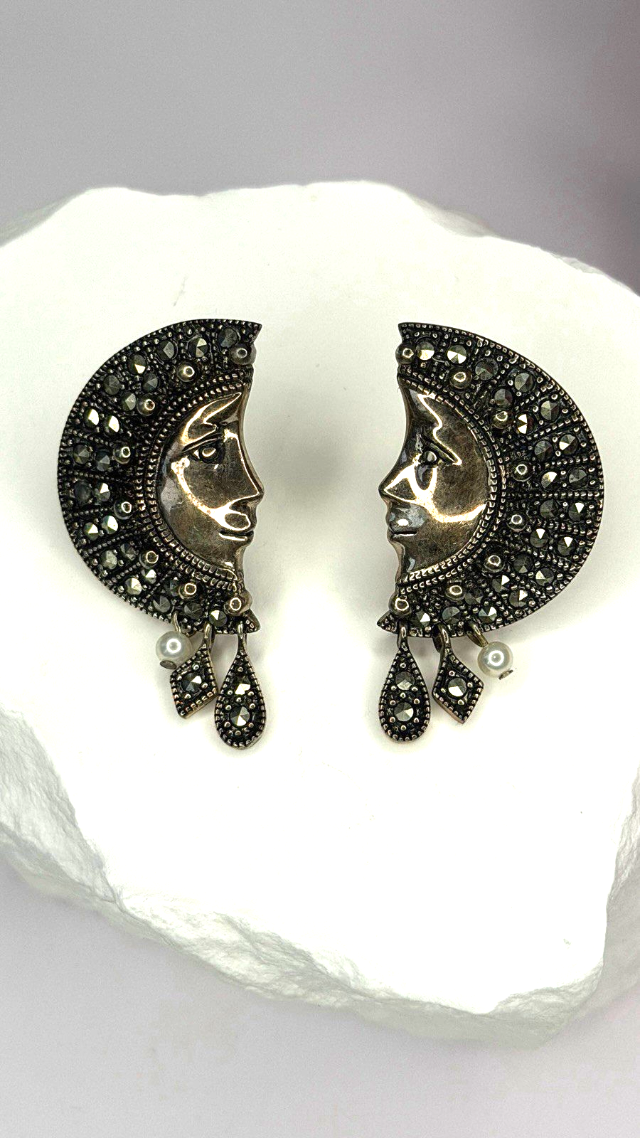 Half Moon Face Design 925 Sterling Silver Marcasite Stones Earrings