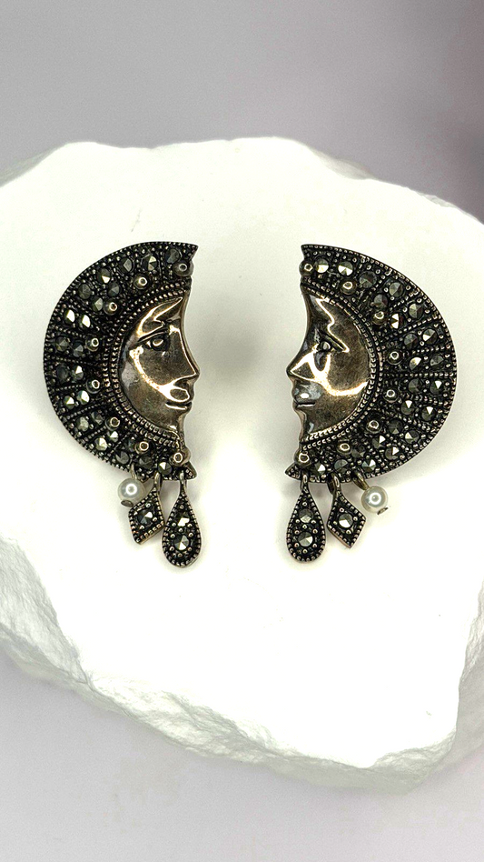 Half Moon Face Design 925 Sterling Silver Marcasite Stones Earrings