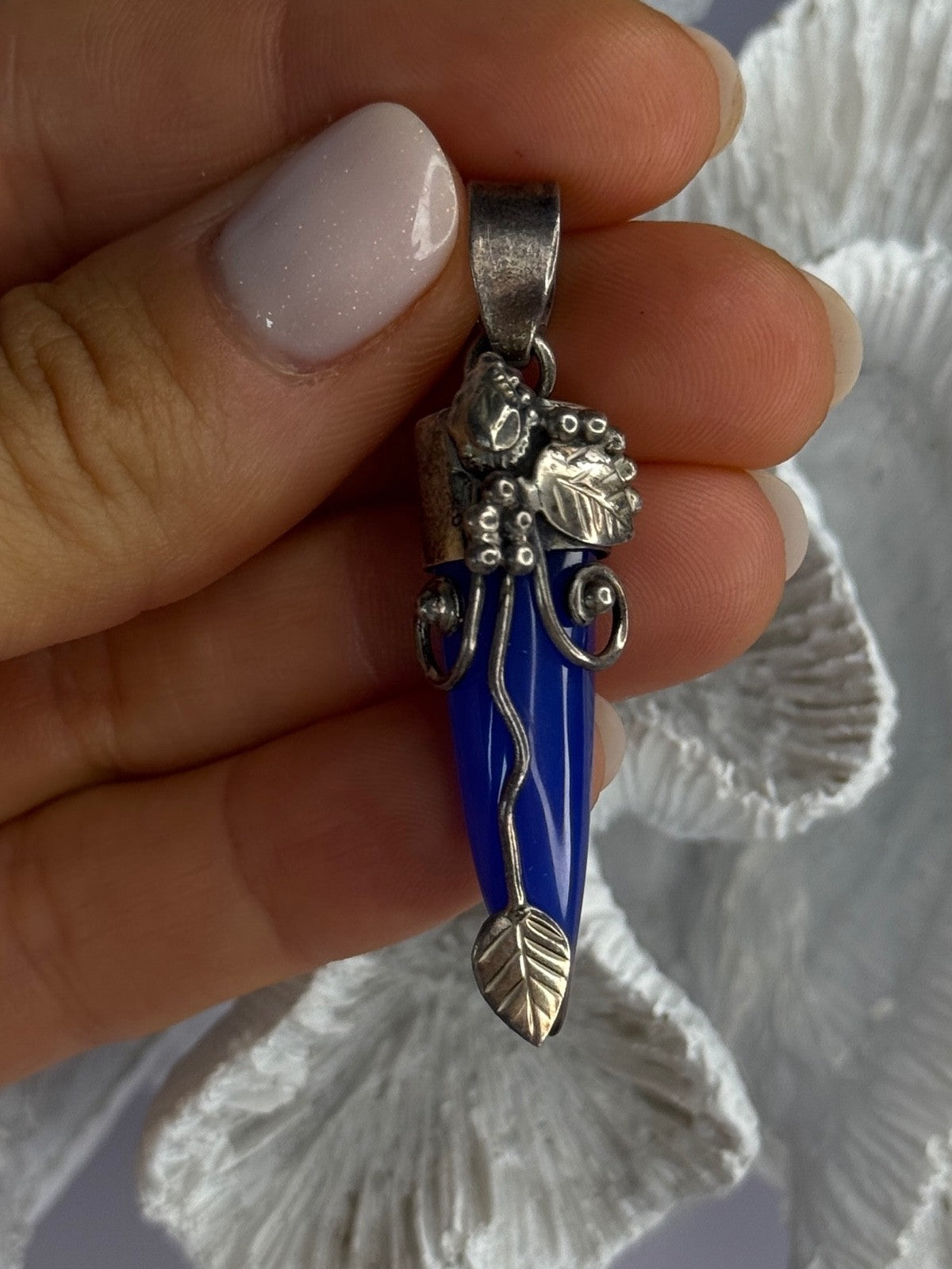 925 Sterling Silver Blue Quartz Ornament Pendant Length 2 Inch