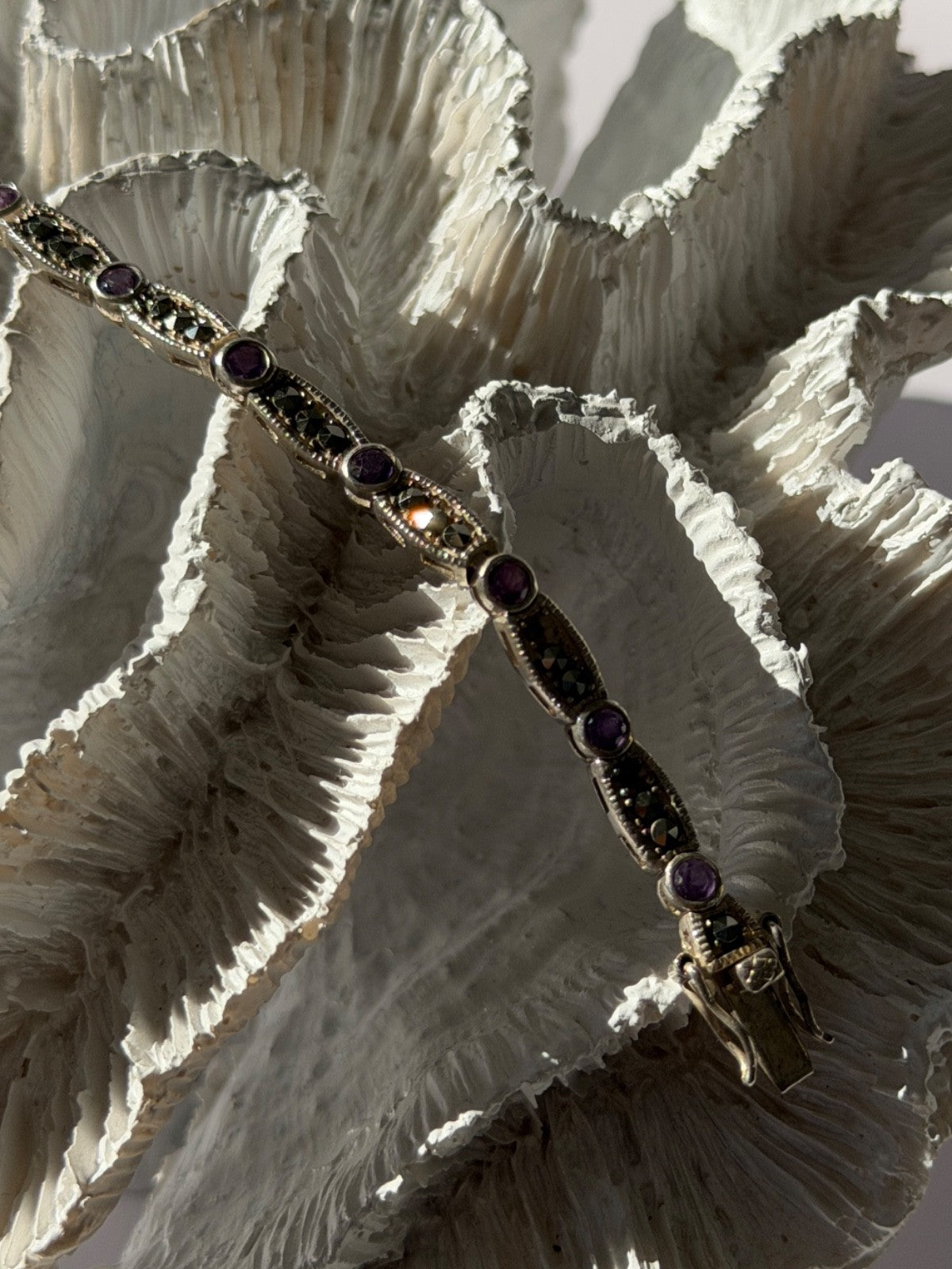 Vintage 925 Sterling Silver Amethyst & Marcasite Bracelet