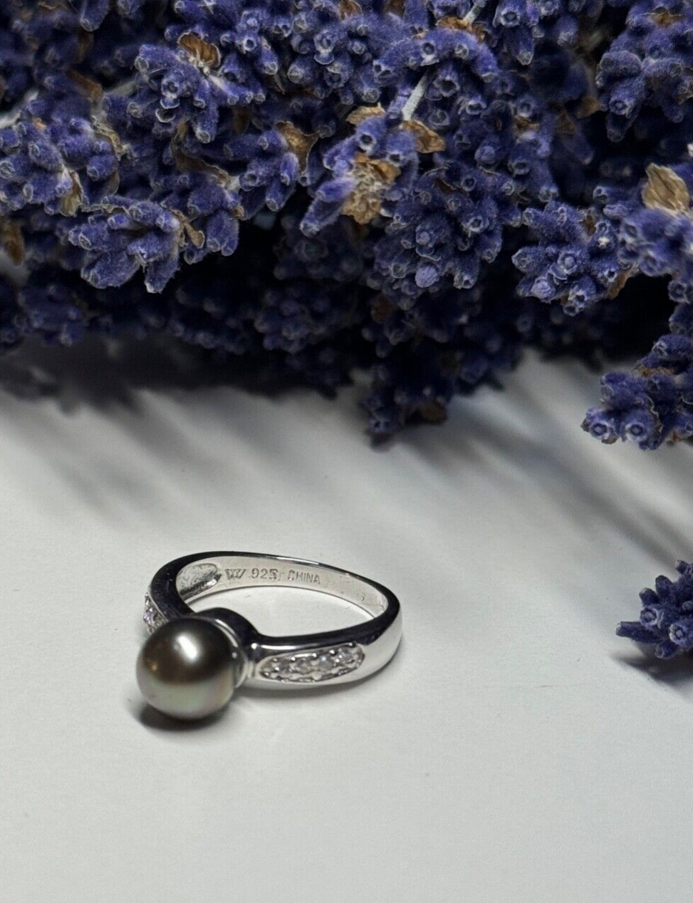925 Sterling Silver Pearl & Beryl Ring Size 5.5