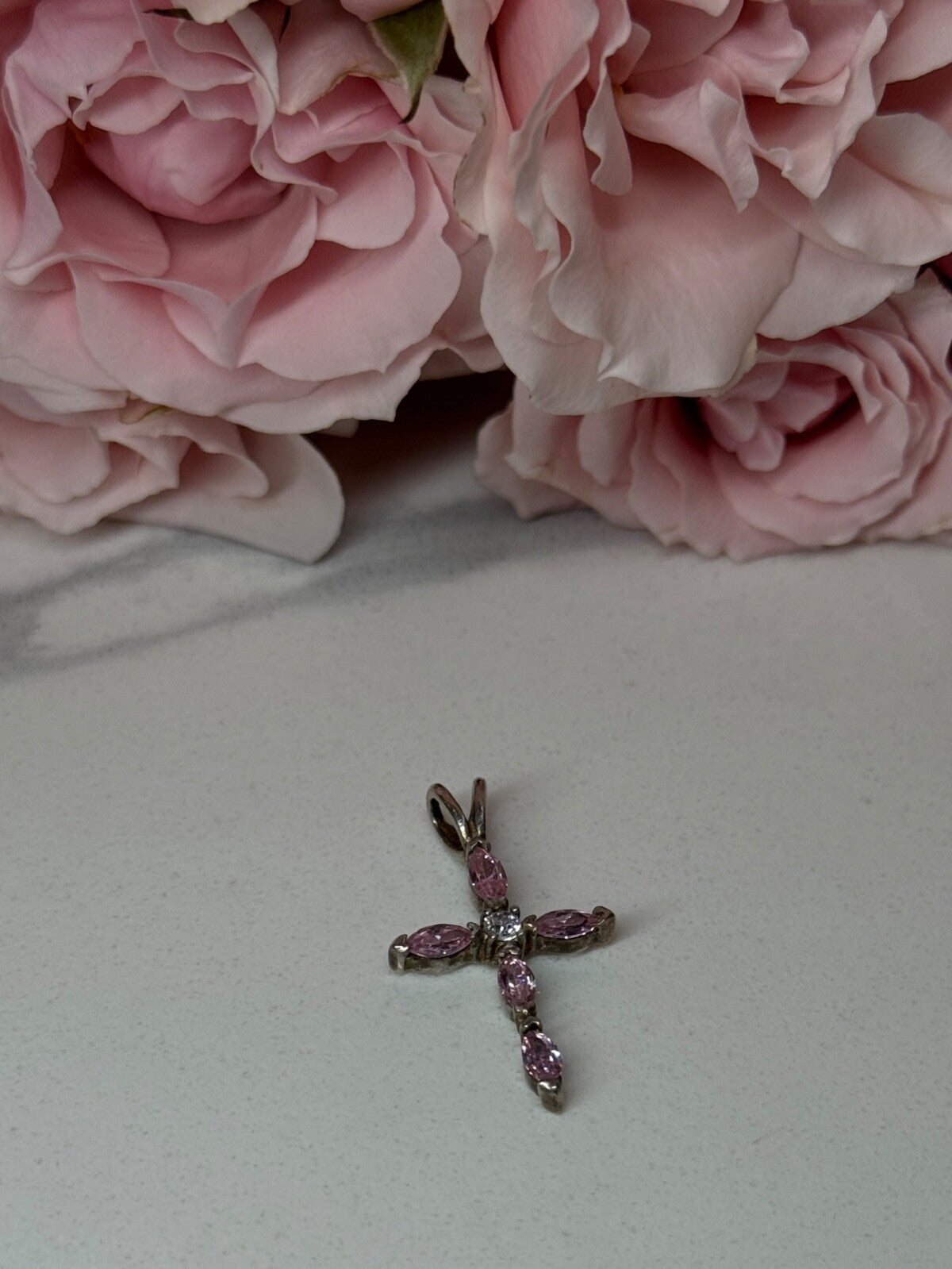 925 Sterling Silver Morganite & CZ Cross Length 1.1 In
