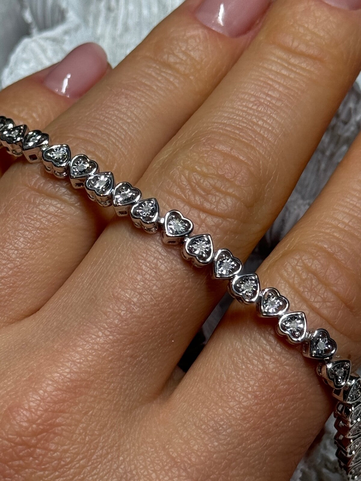925 Sterling Silver White Sapphire Heart Bracelet Size 7 Inch