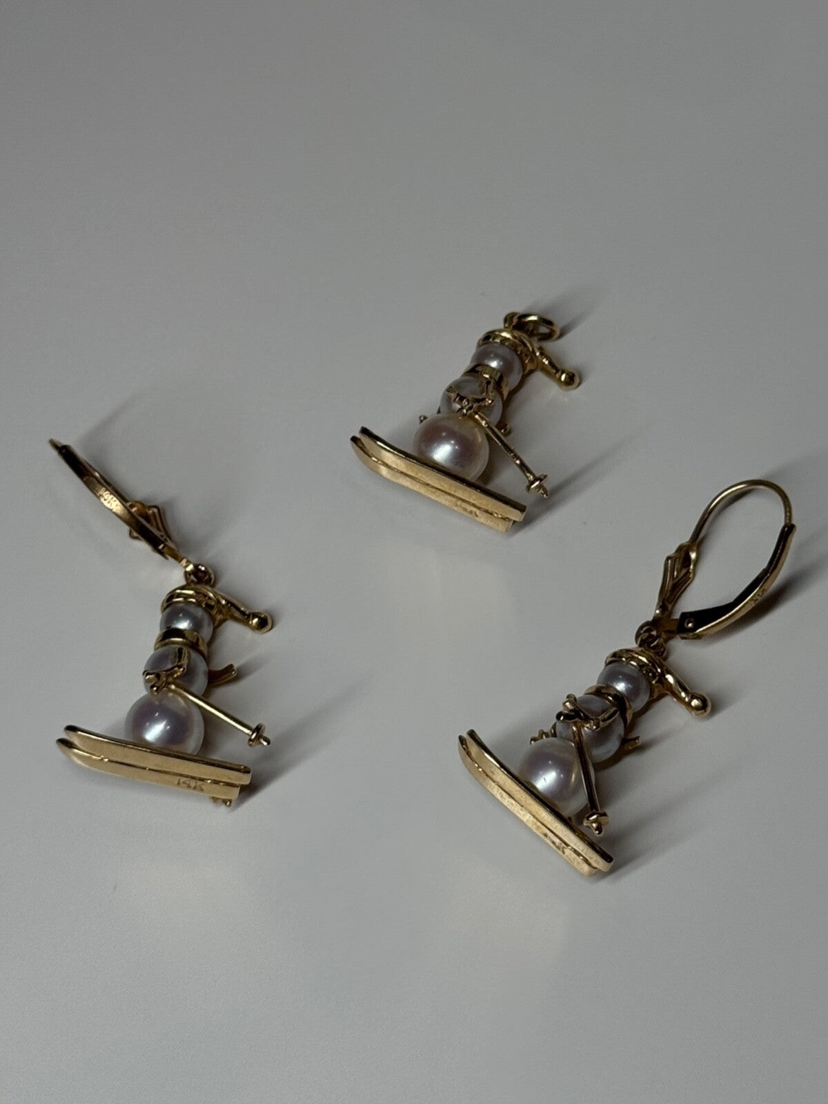 14K Yellow Gold Pearls Earrings & Pendant Skiing Snowmens ON Skis