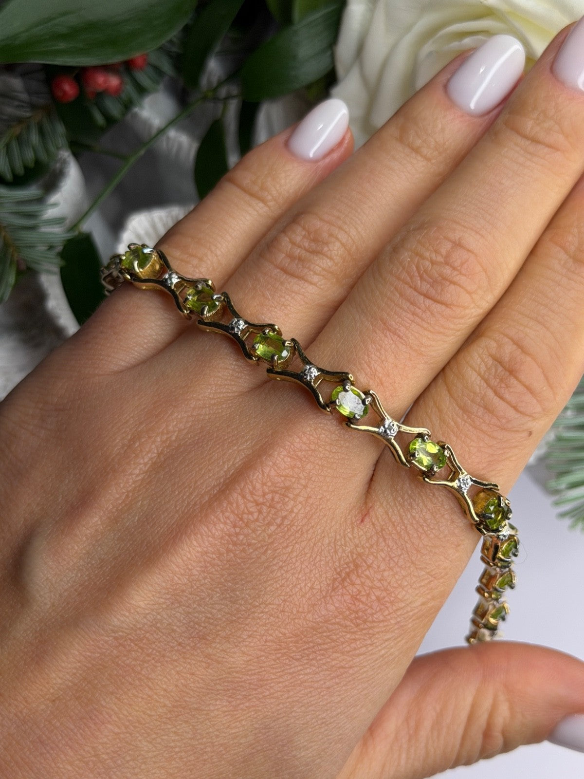 925 Sterling Silver Gold Plated Peridot & Beryl Bracelet Size 7.5