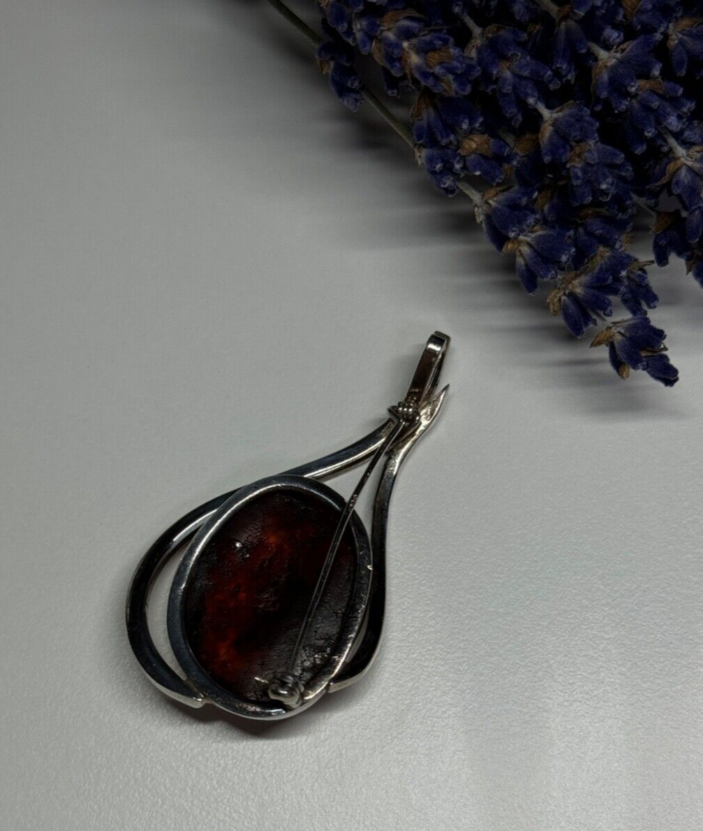 925 Sterling Silver Amber & CZ Brooch