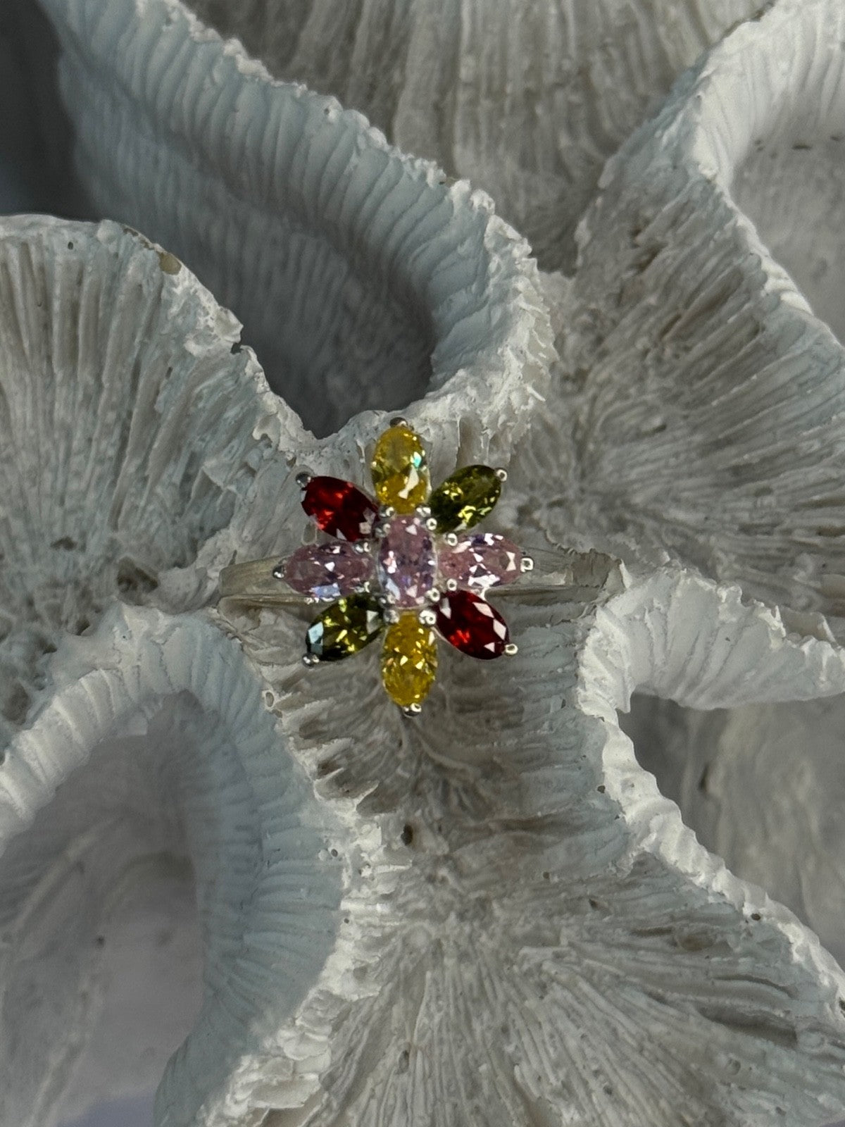 925 Sterling Silver Multi Color Spinel Flower Ring Size 7