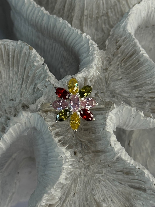 925 Sterling Silver Multi Color Spinel Flower Ring Size 7