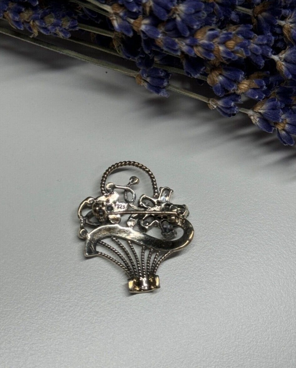 925 Sterling Silver CZ & Marcasites Flowers Brooch