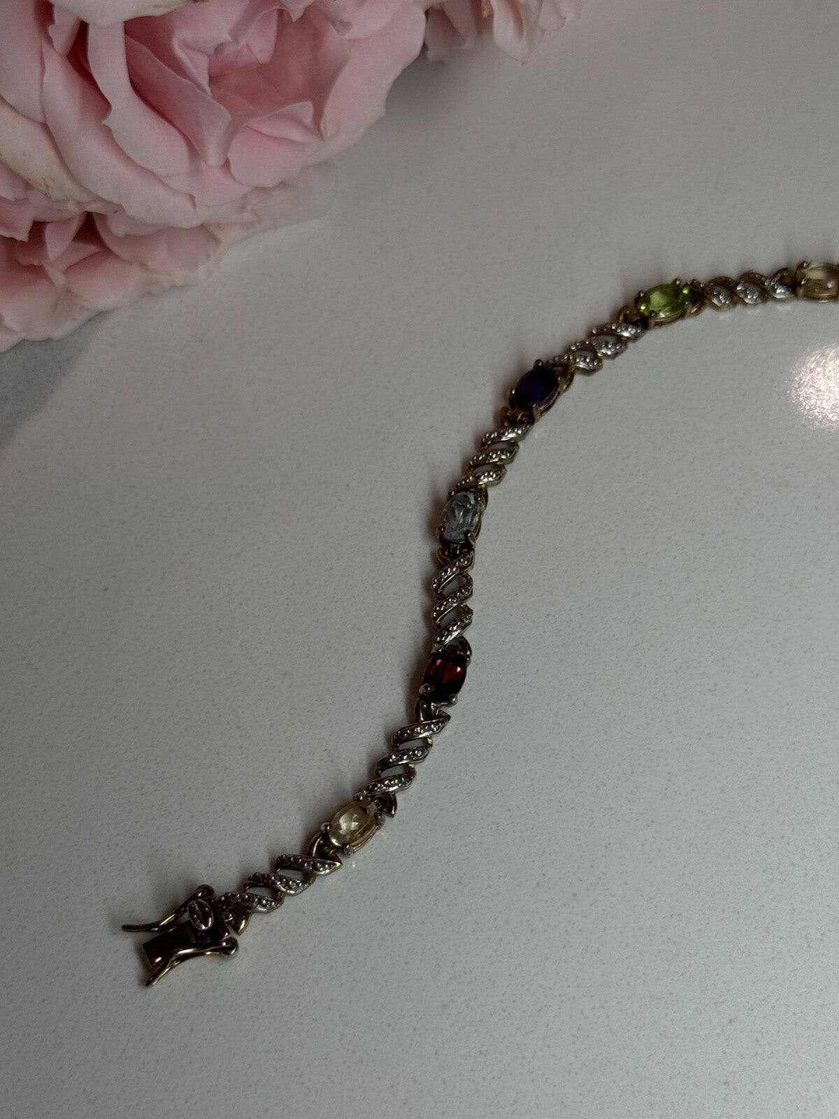 925 Sterling Silver Amethyst Topaz Garnet Citrine Peridot Bracelet Length 7.5