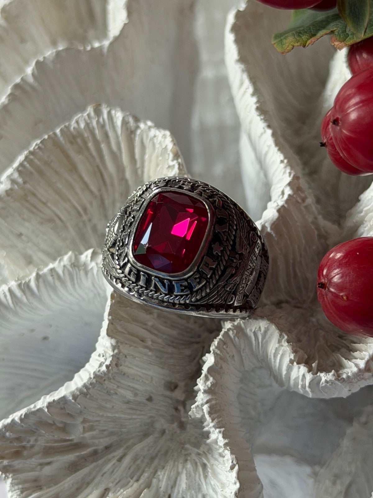 Jostens Yltm U.S Army Engineer 925 Sterling Silver Ruby Ring Size 8.5