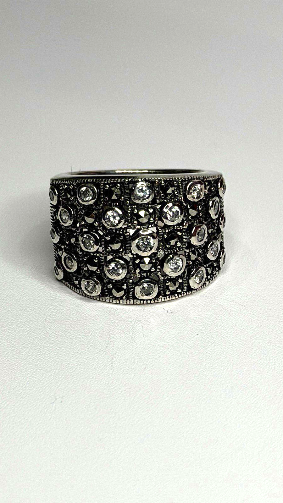Vintage Wide Band 925 Sterling Silver Beryl & Marcasite Ring Size 8