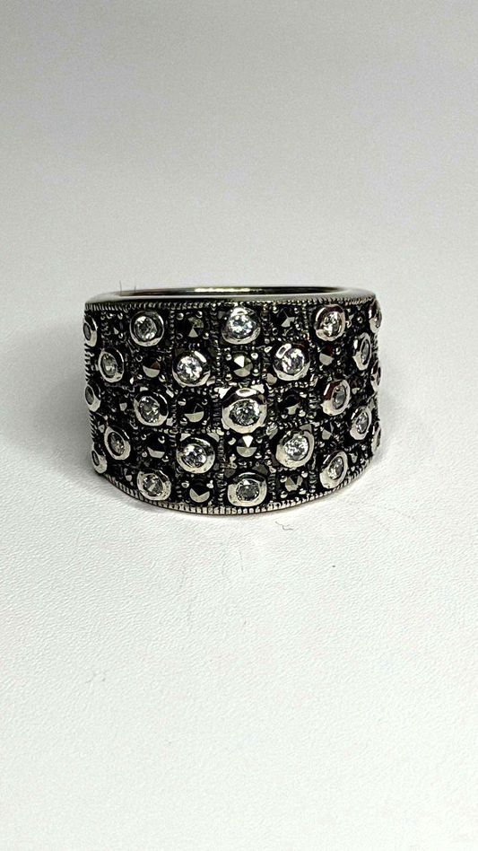 Vintage Wide Band 925 Sterling Silver Beryl & Marcasite Ring Size 8