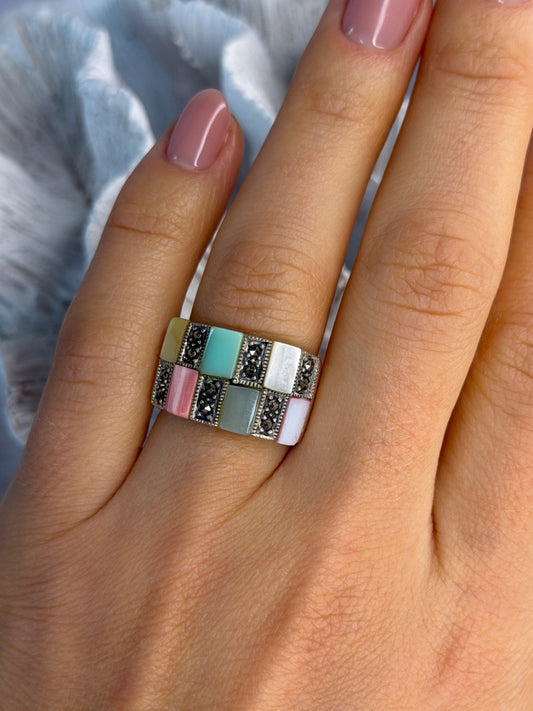 925 Sterling Silver Abalone & Agate & Marcasite Ring Size 6.5