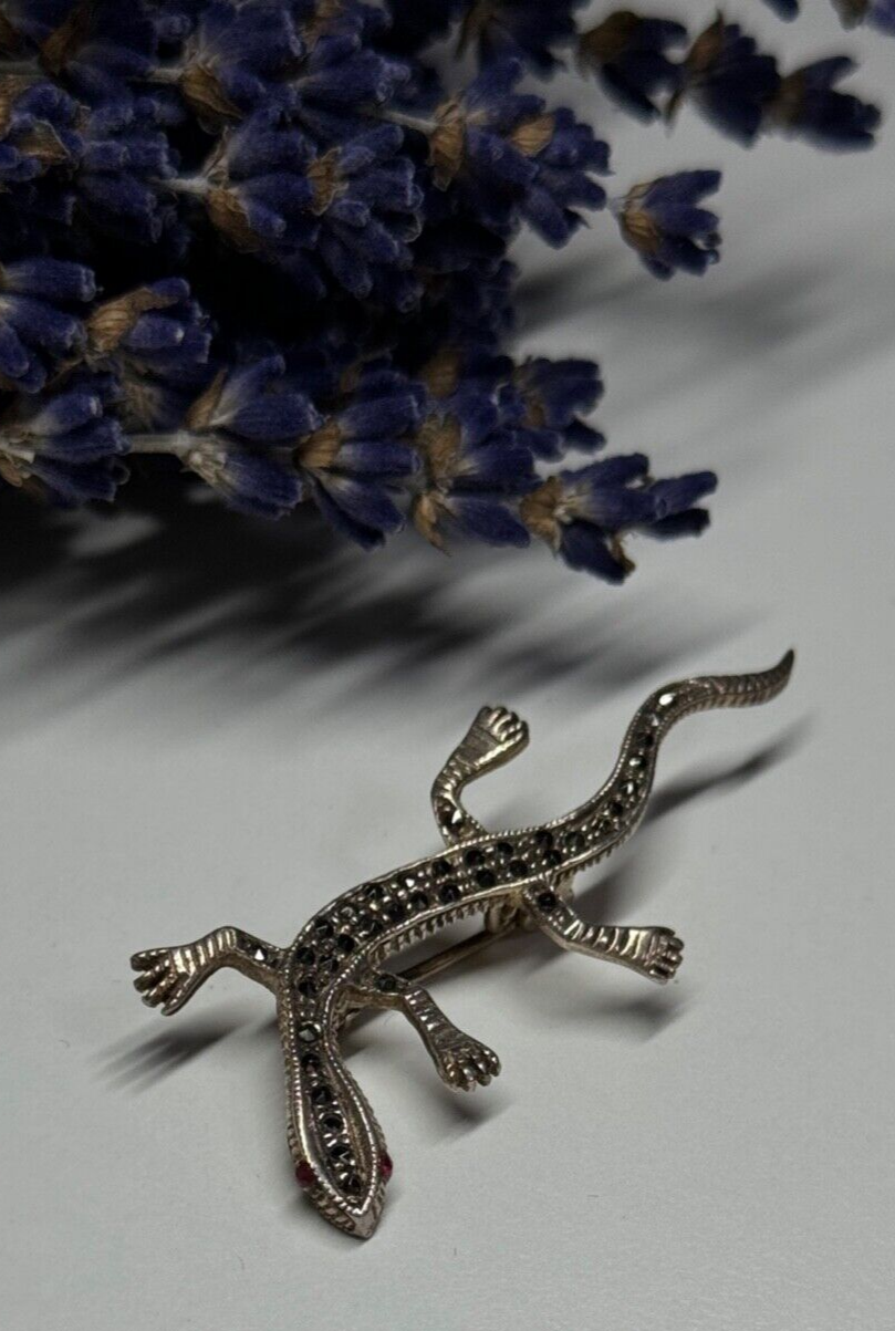925 Sterling Silver Ruby & Marcasite Lizard Brooch