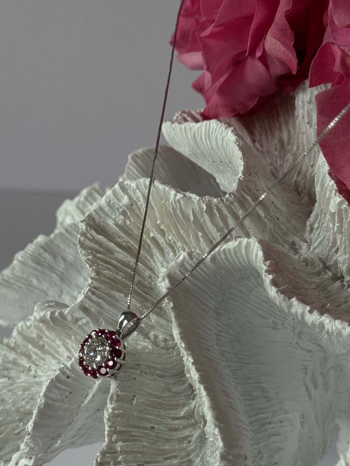 14K White Gold Diamond & Ruby Flower Necklace Length 18 inch