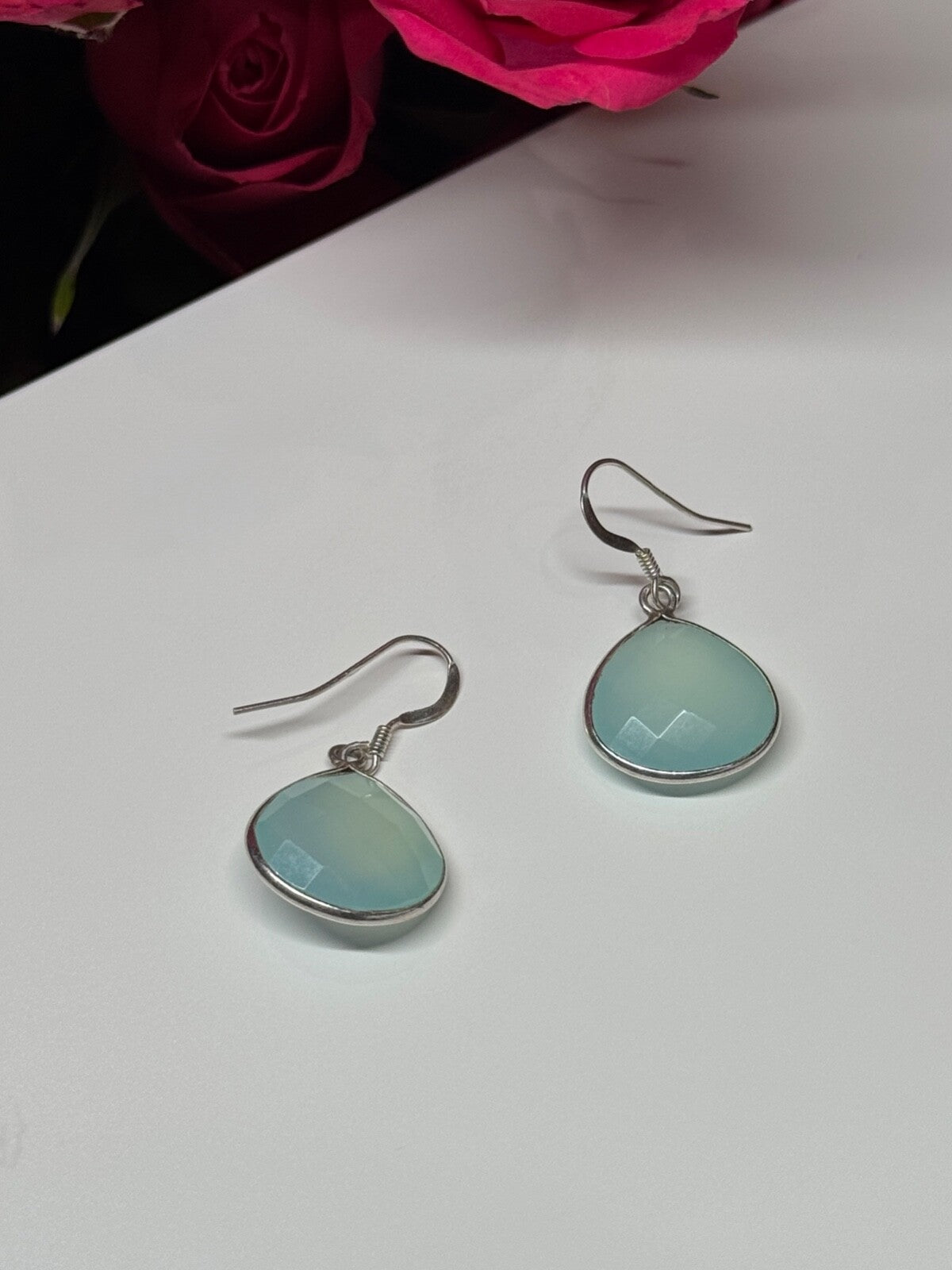 925 Sterling Silver Blue Beryl Earrings Length 1.1 Inch