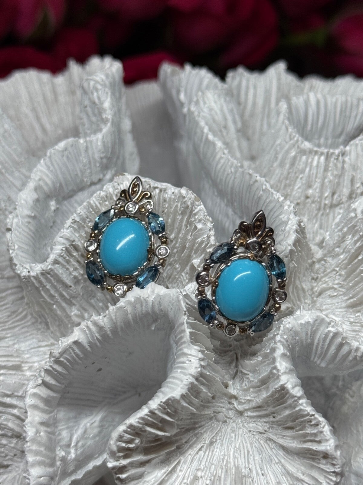 925 Sterling Silver Turquoise, Aquamarine & Beryl Earrings Length 1 Inch