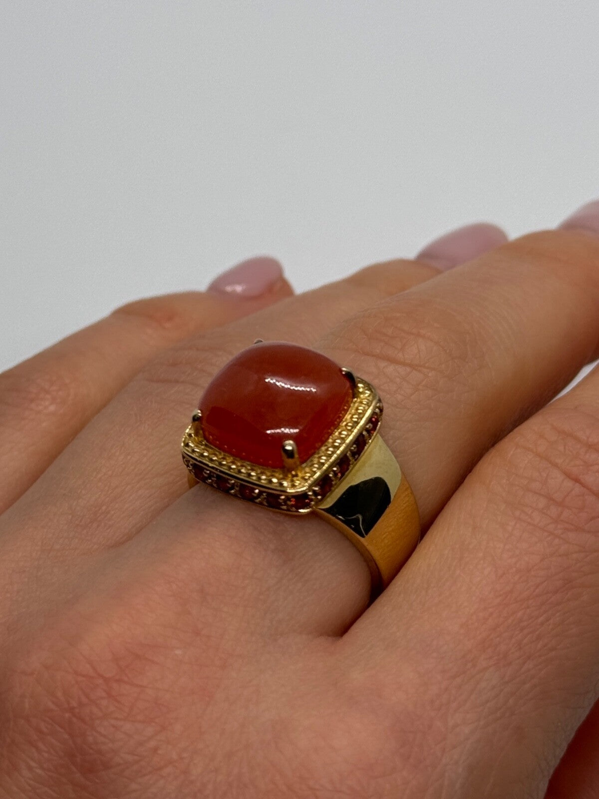 925 Sterling Silver Gold Plated Amber & RED Spinel Ring Size 7.5