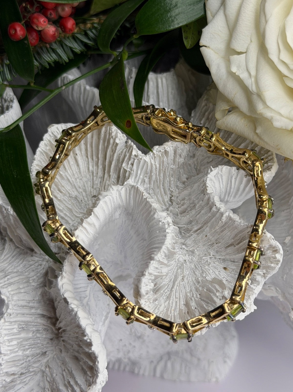 925 Sterling Silver Gold Plated Peridot & Beryl Bracelet Size 7.5