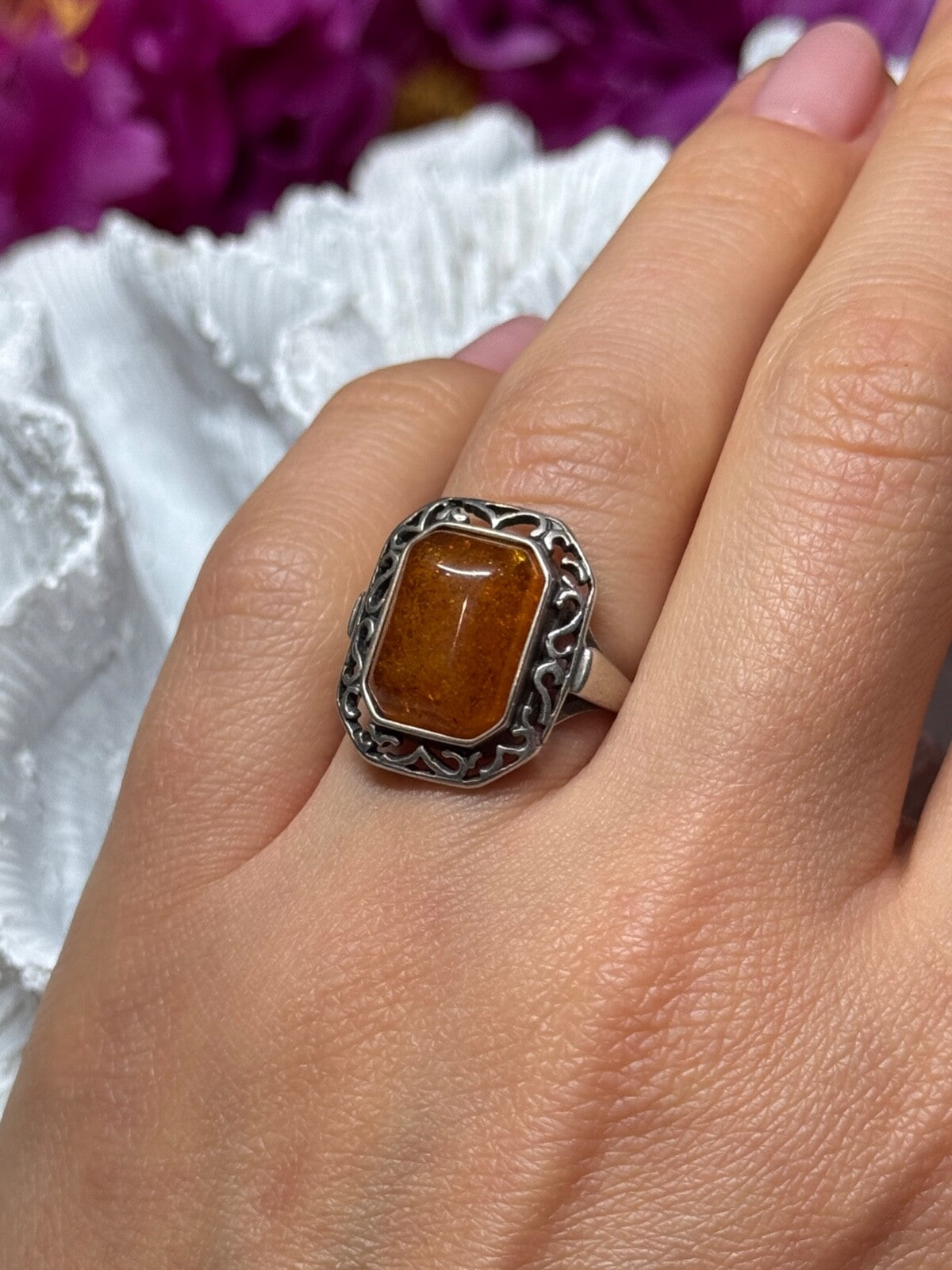 925 Sterling Silver Amber Ring Size 5