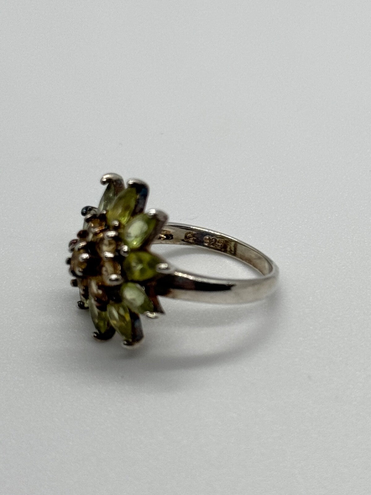 925 Sterling Silver Peridot & Citrine Flower Ring Size 4.5