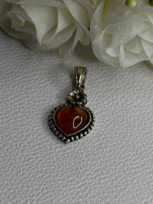 925 Sterling Silver Amber Heart & Flower Pendant Length 1.15 Inch