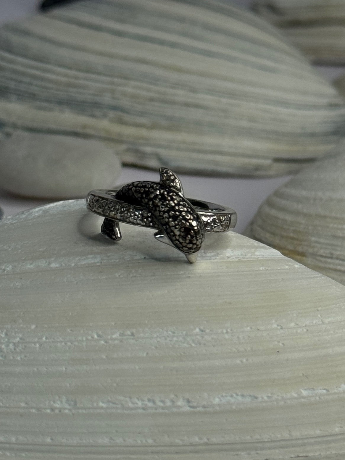 925 Sterling Silver Dolphin Diamond Ring Size 7
