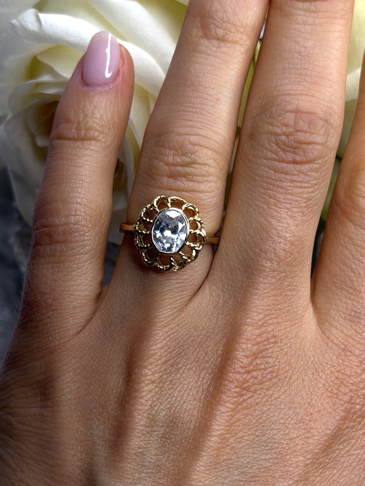 Floral Halo 925 Sterling Silver Gold Plated Clear Cz Ring Size 6.5