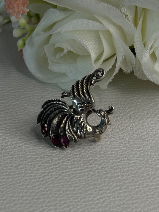 925 Sterling Silver Bird Pyrope Garnet Charm Pendant Length 1 Inch