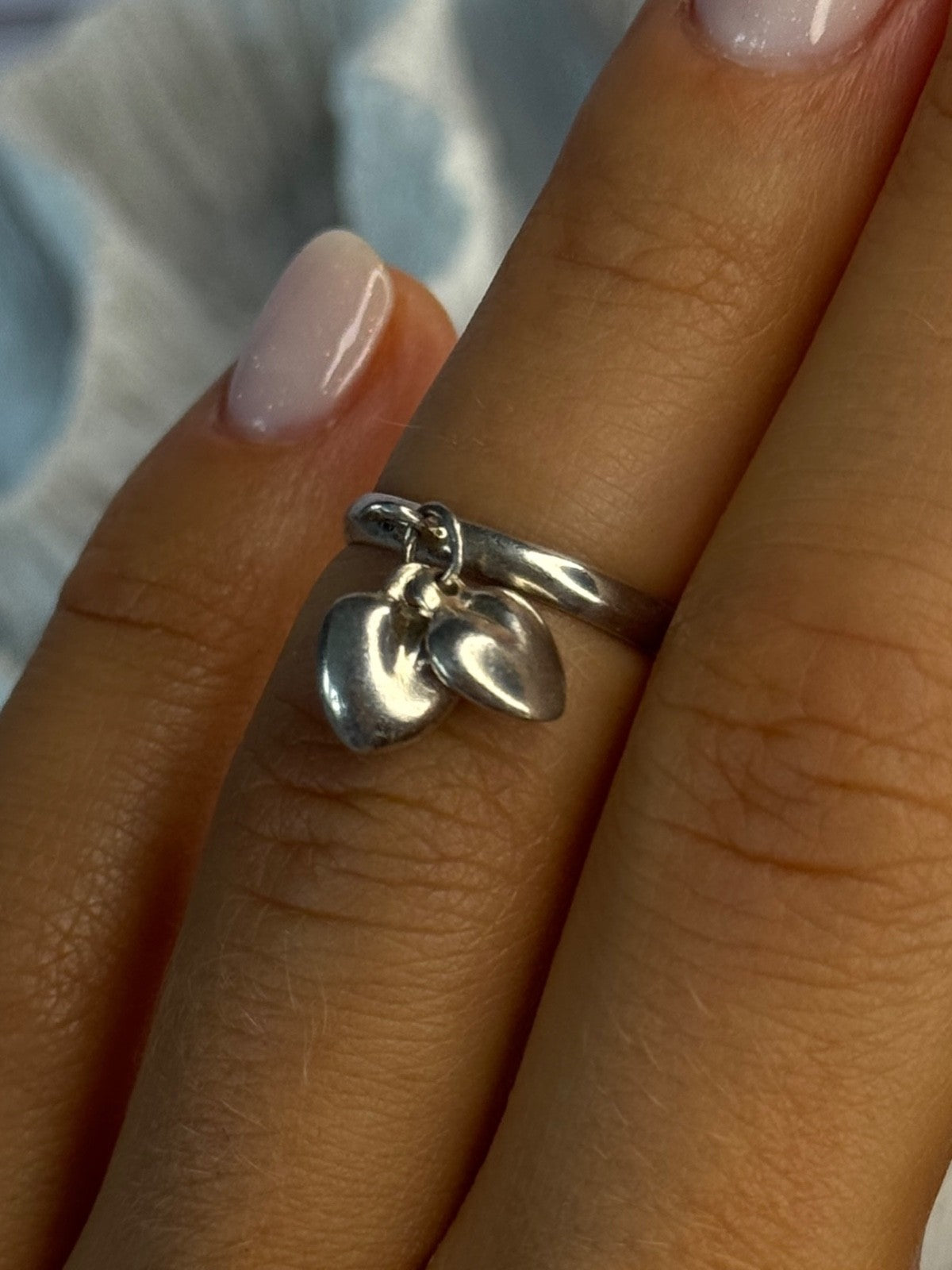 925 Sterling Silver 2 Hearts Charms Ring Size 5
