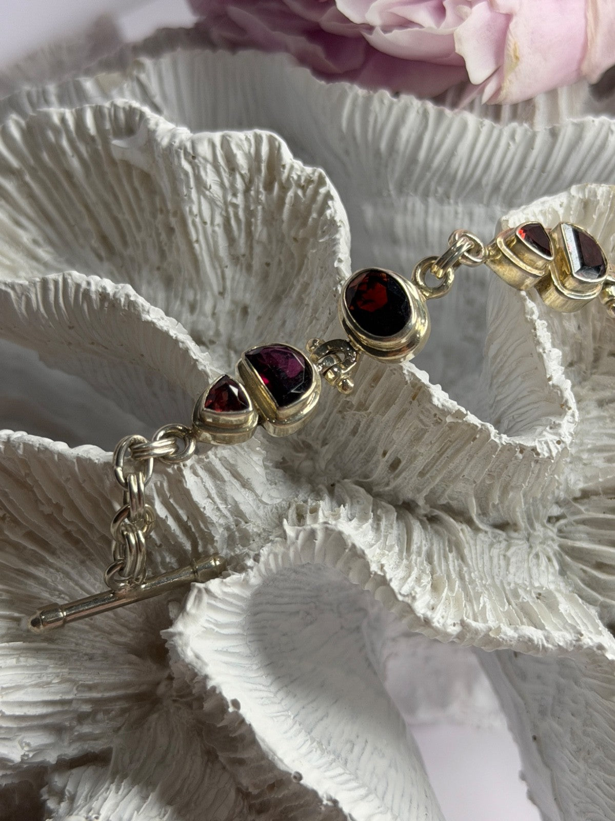 925 Sterling Silver Garnet Bracelet Length 7-7.5