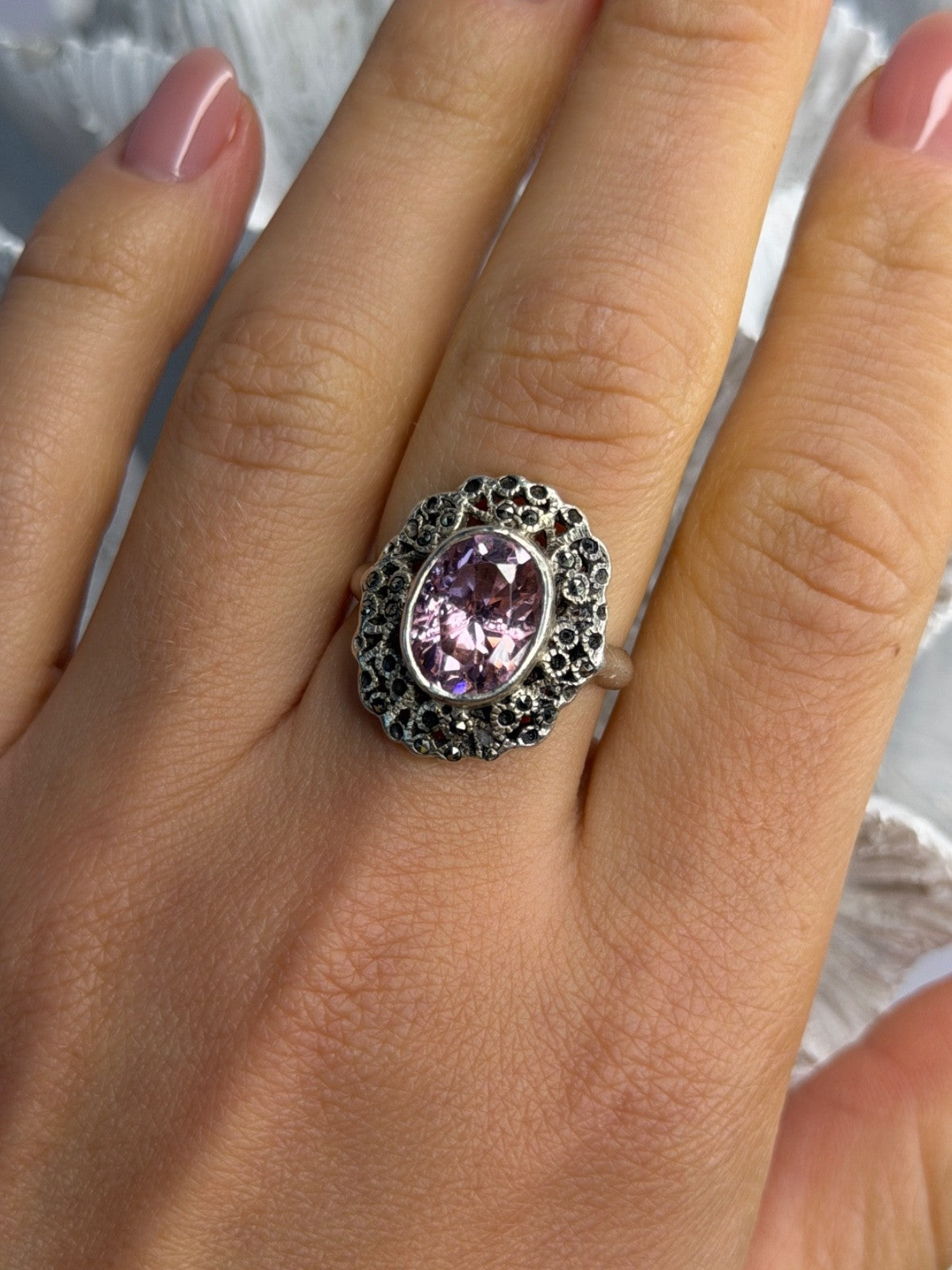 Vintage 925 Sterling Silver Morganite & Marcasite Ring Size 7