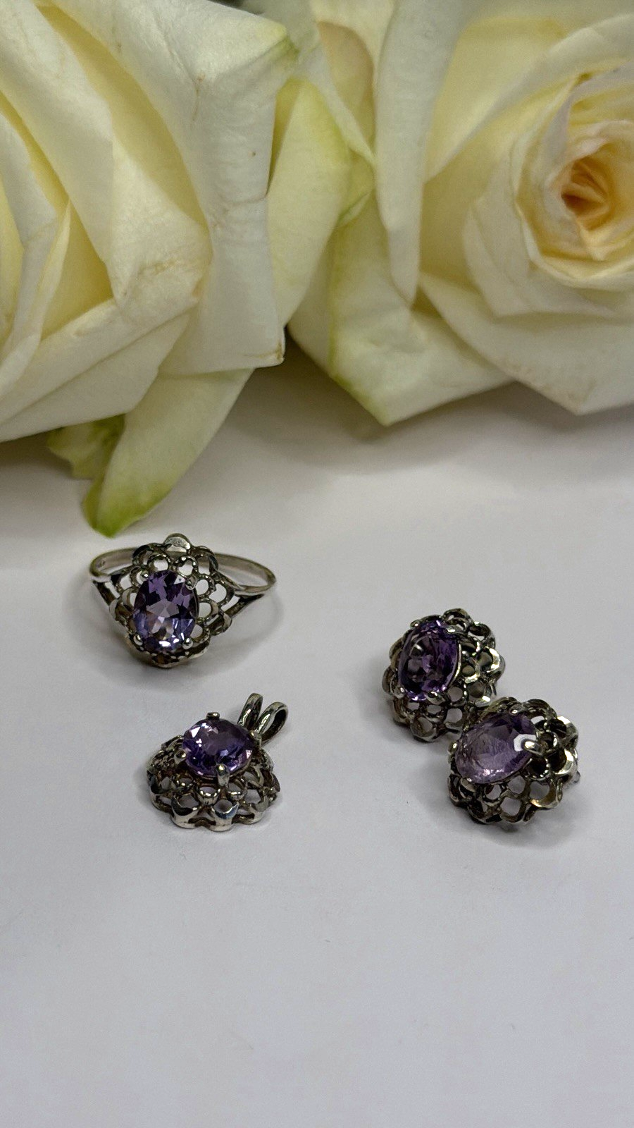 925 Sterling Silver Amethyst Set Floral Filigree Ring Pendant & Earrings