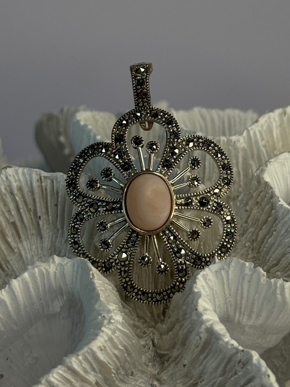 925 Sterling Silver Pink Agate & Marcasite Flower Pendant Length 1.75 Inch