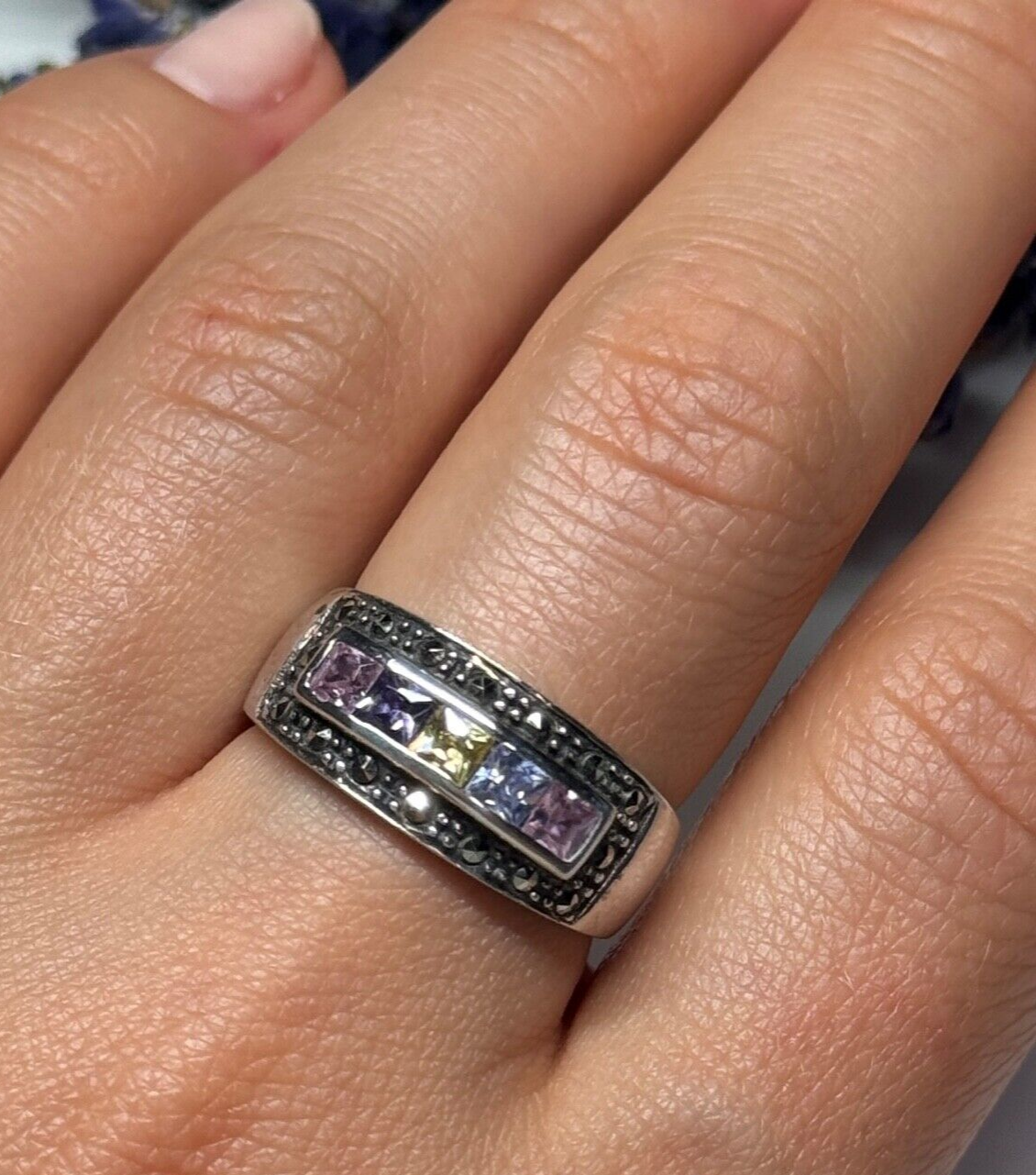 Vintage 925 Sterling Silver Tourmalines & Marcasite Ring Size 8