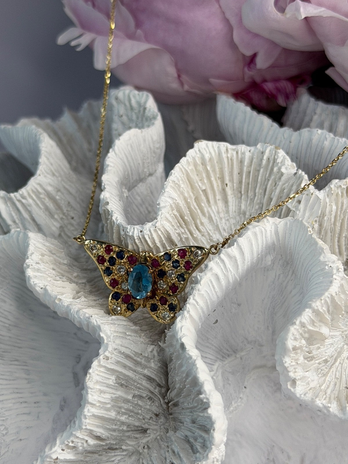 14K Yellow Gold Topaz Ruby Sapphire Diamond Necklace Butterfly