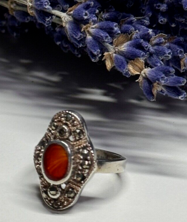 925 Sterling Silver Amber & Marcasite Ring Size 5