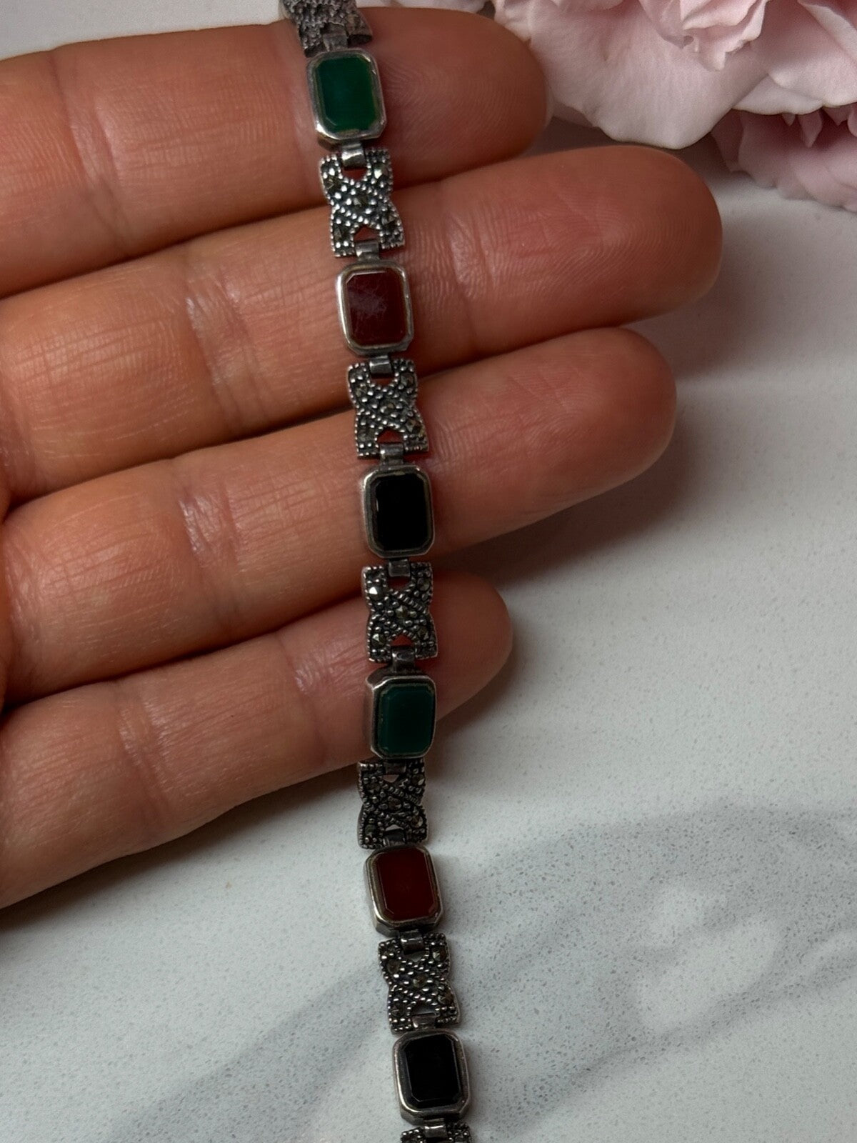 925 Sterling Silver Nephrite & Marcasite Bracelet Length 7.5 Inch