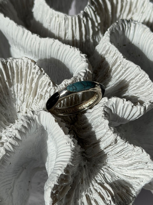 925 Sterling Silver Turquoise & Onyx Ring Size 7