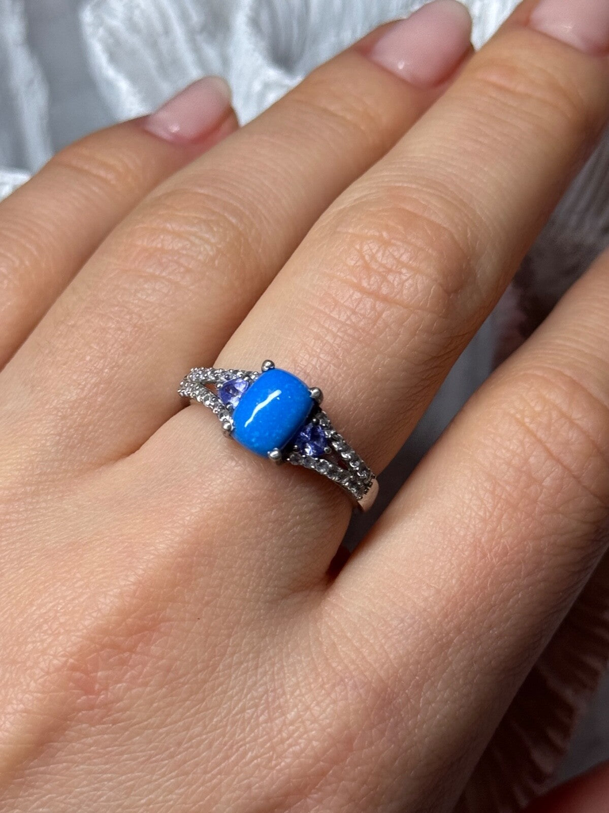 925 Sterling Silver Blue Agate, Tanzanite & Beryl Ring Size 7.5