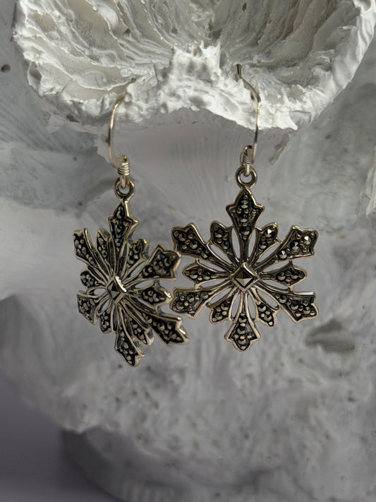 925 Sterling Silver Marcasite Snowflake Earrings