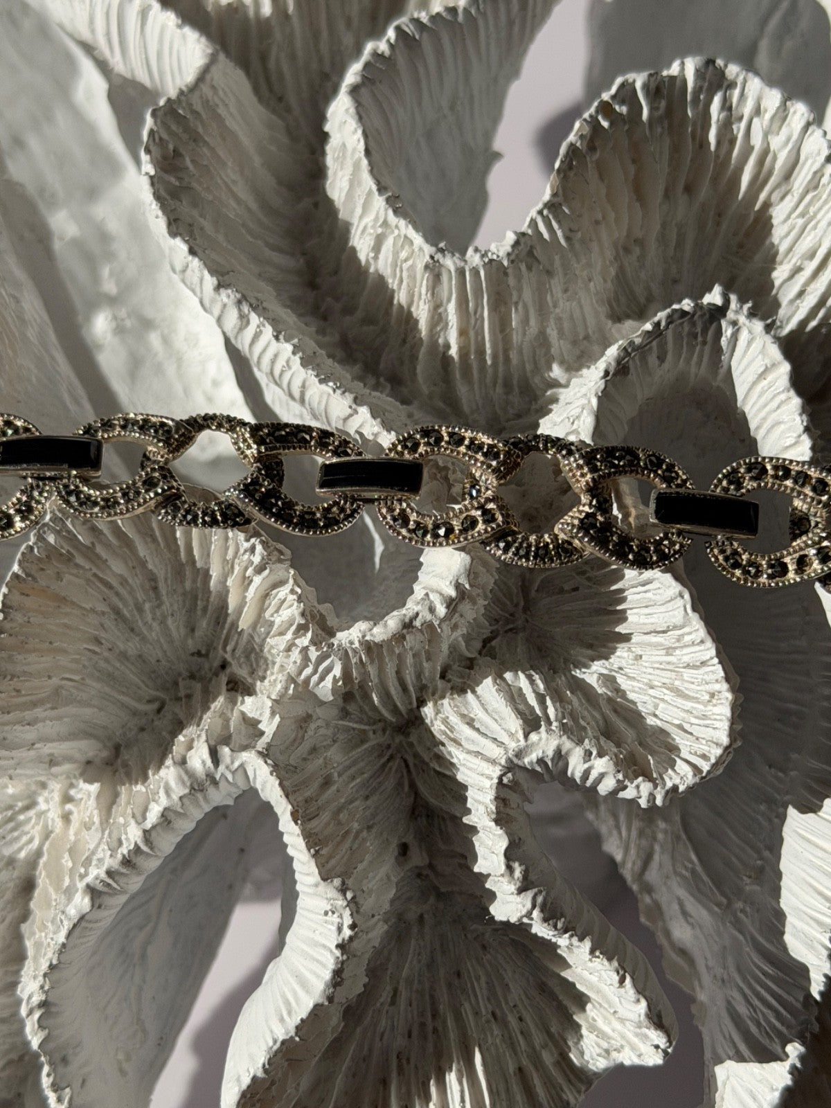 Vintage 925 Sterling Silver Onyx & Marcasite Bracelet