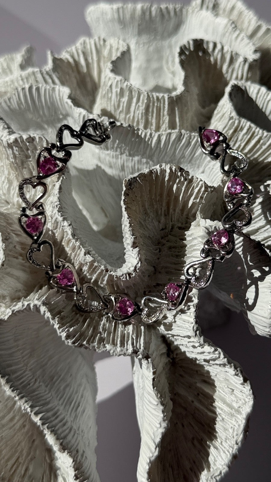 925 Sterling Silver Pink Sapphire Heart Bracelet Length 7.5