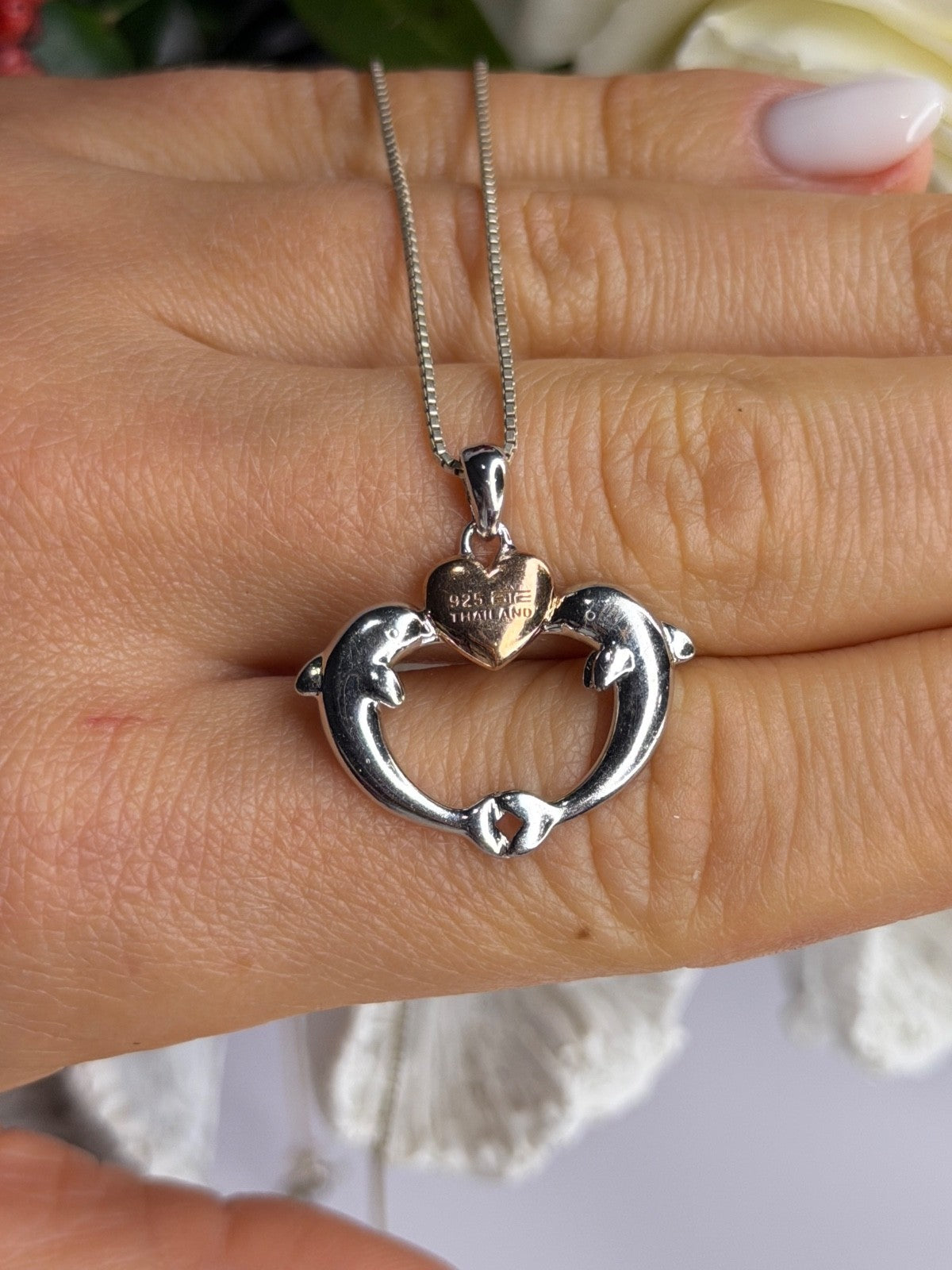 925 Sterling Silver Gold Plated Heart & Dolphins Necklace Length 18 in